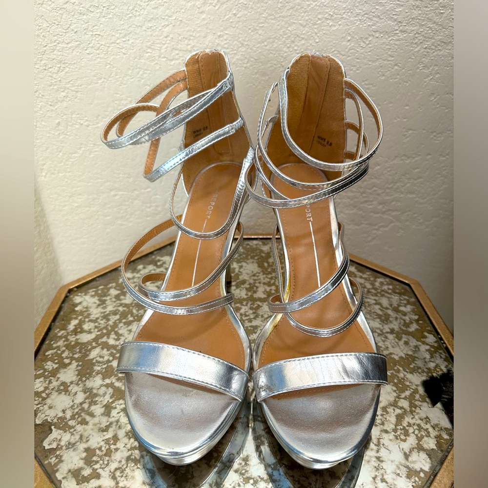 Report women’s dress strappy sandal heels silver 9.5